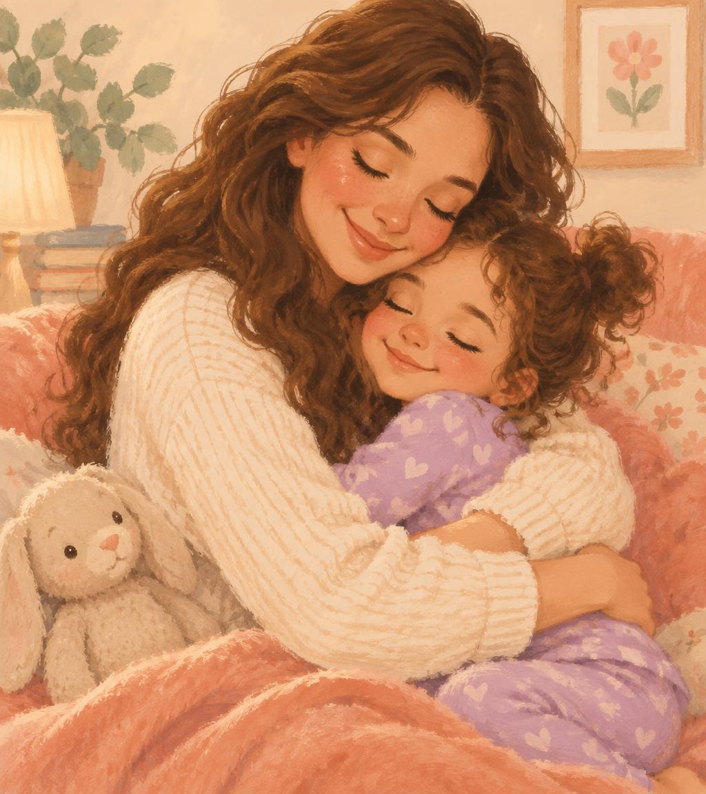 A mother hugging her young daughter, both smiling with eyes closed